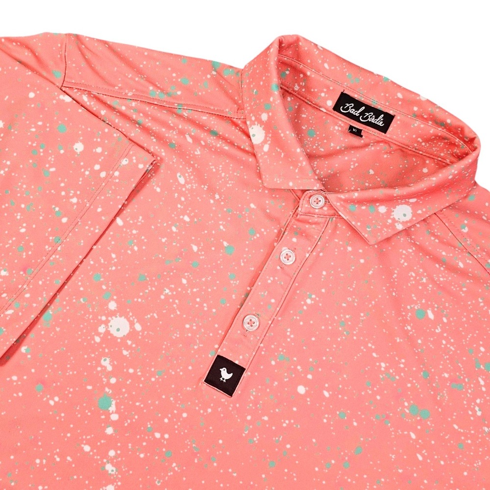 Bad Birdie Mens XL Golf Polo Shirt Salmon Paint Splatter Performance Stretch